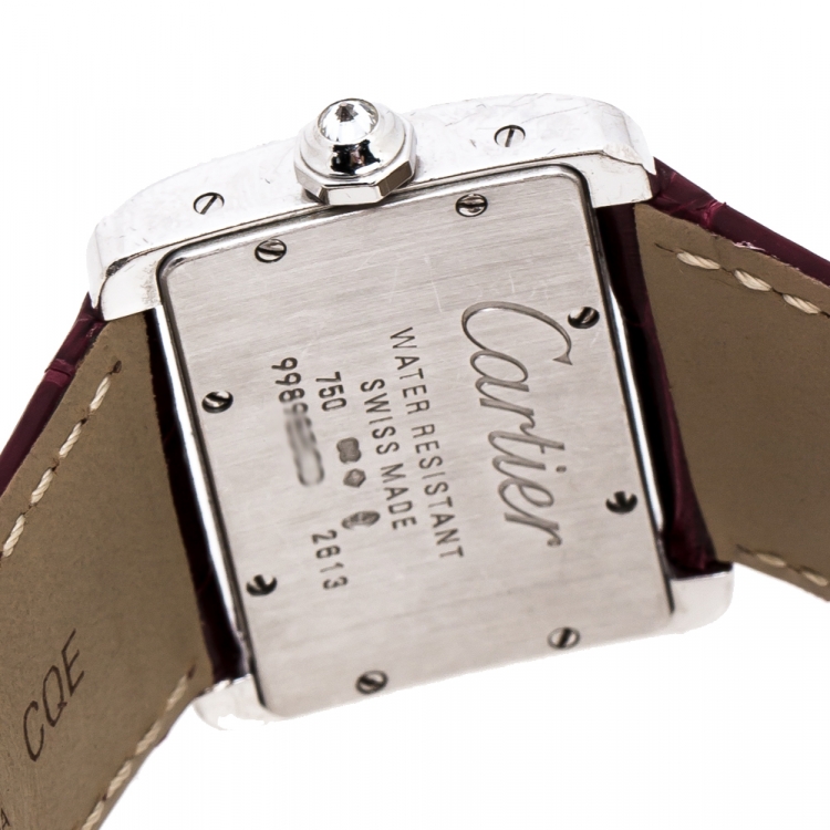 Pre Owned Cartier Silver 18K White Gold Diamond Leather Tank Divan 2613 Women's Wristwatch 31.50 mm