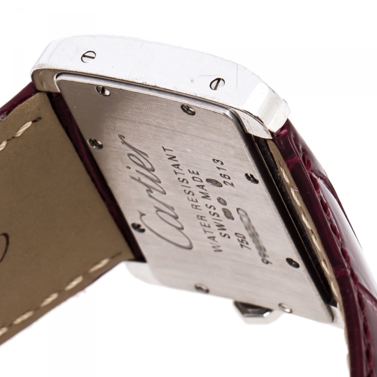 Pre Owned Cartier Silver 18K White Gold Diamond Leather Tank Divan 2613 Women's Wristwatch 31.50 mm