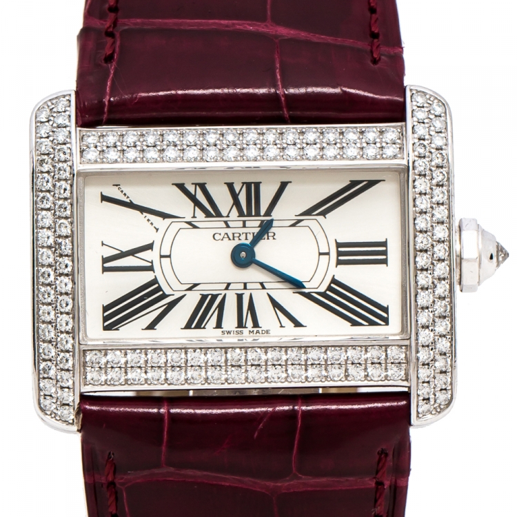 Pre Owned Cartier Silver 18K White Gold Diamond Leather Tank Divan 2613 Women's Wristwatch 31.50 mm