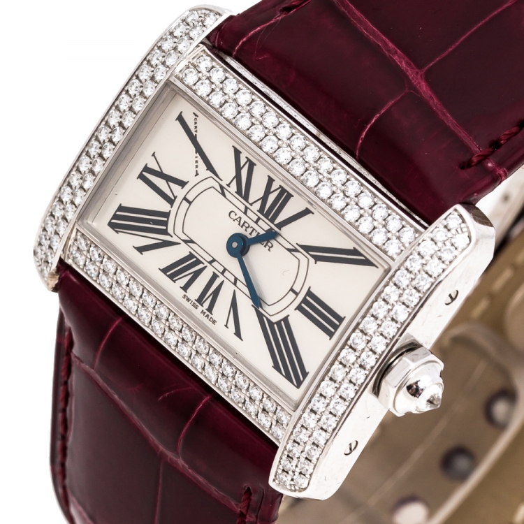 Pre Owned Cartier Silver 18K White Gold Diamond Leather Tank Divan 2613 Women's Wristwatch 31.50 mm