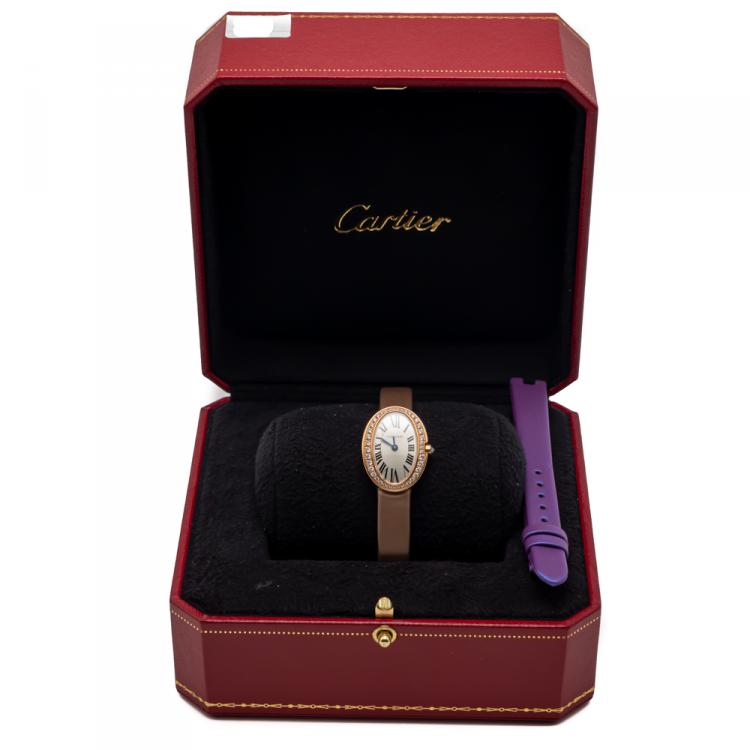 Pre Owned Cartier Silver Mini Baignoire Rose Gold Diamond Bezel Women's Watch