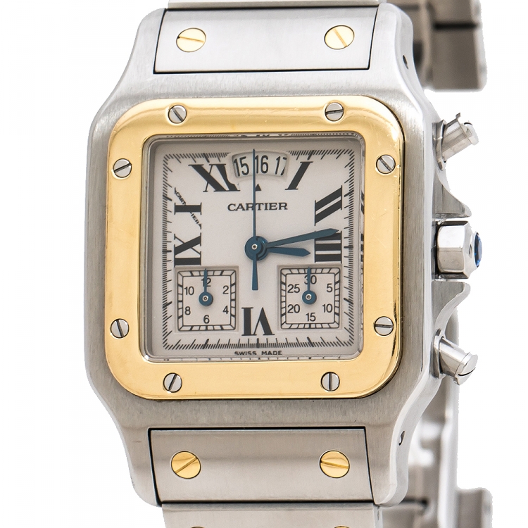 Pre Owned Cartier Cream 18K Yellow Gold Stainless Steel Santos Galbée 2425 Women's Wristwatch 29 mm