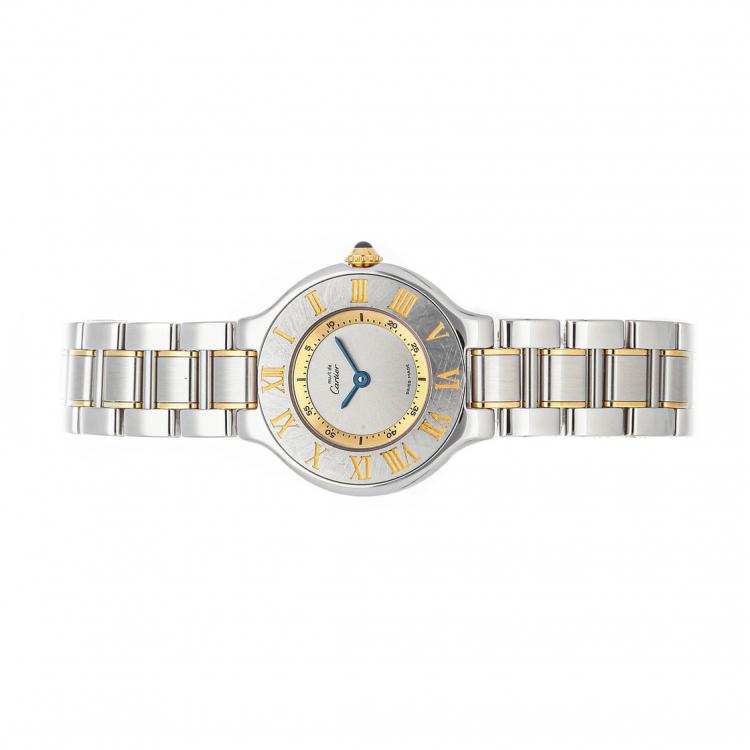 مملوكة مسبقًا Cartier Silver Stainless Steel Gold Plated Must 21 W10073R6 Women's Wristwatch 28 MM