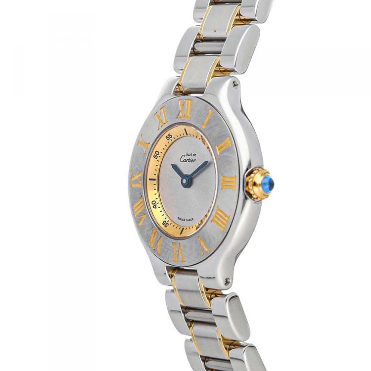 مملوكة مسبقًا Cartier Silver Stainless Steel Gold Plated Must 21 W10073R6 Women's Wristwatch 28 MM
