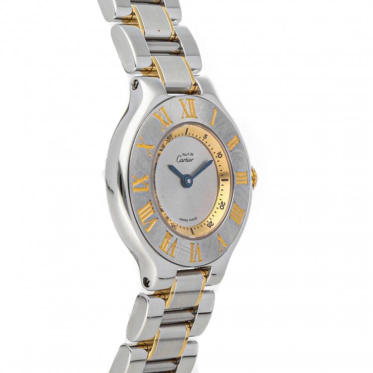 مملوكة مسبقًا Cartier Silver Stainless Steel Gold Plated Must 21 W10073R6 Women's Wristwatch 28 MM