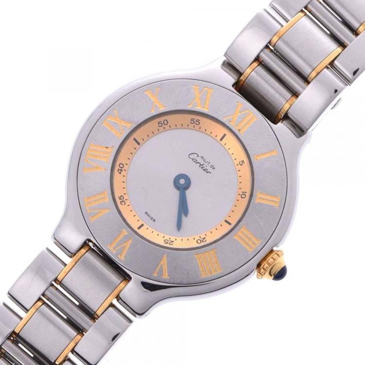 Pre Owned Cartier Silver Stainless Steel Gold Plated Must 21 W10073R6 Women's Wristwatch 25 MM