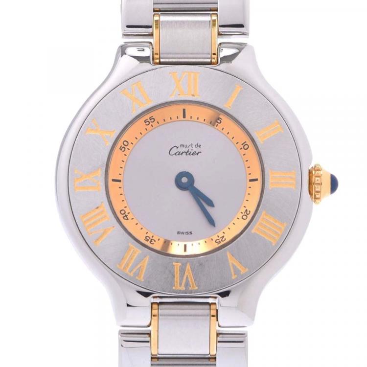 Pre Owned Cartier Silver Stainless Steel Gold Plated Must 21 W10073R6 Women's Wristwatch 25 MM