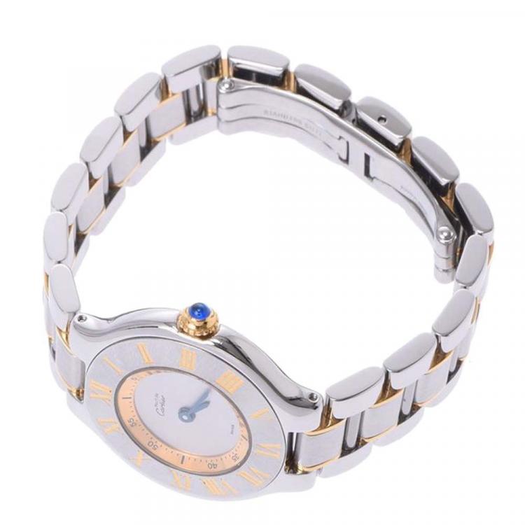 Pre Owned Cartier Silver Stainless Steel Gold Plated Must 21 W10073R6 Women's Wristwatch 25 MM