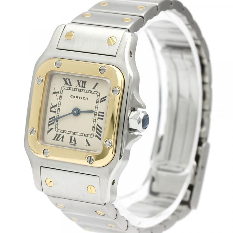 Pre Owned Cartier Silver 18K Yellow Gold And Stainless Steel Santos Galbee Quartz 166930 Women's Wristwatch 24 MM