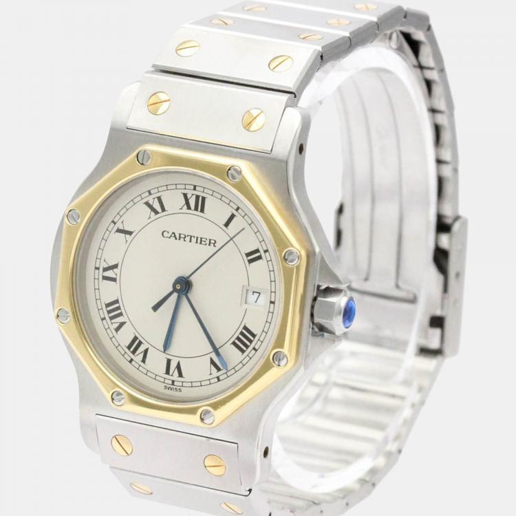 Pre Owned Cartier Silver 18k Yellow Gold And Stainless Steel Santos Octagon 187902 Quartz Women's Wristwatch 29 mm