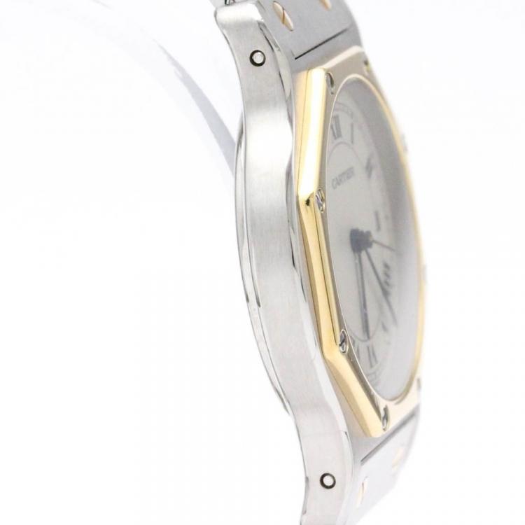 Pre Owned Cartier Silver 18k Yellow Gold And Stainless Steel Santos Octagon 187902 Quartz Women's Wristwatch 29 mm