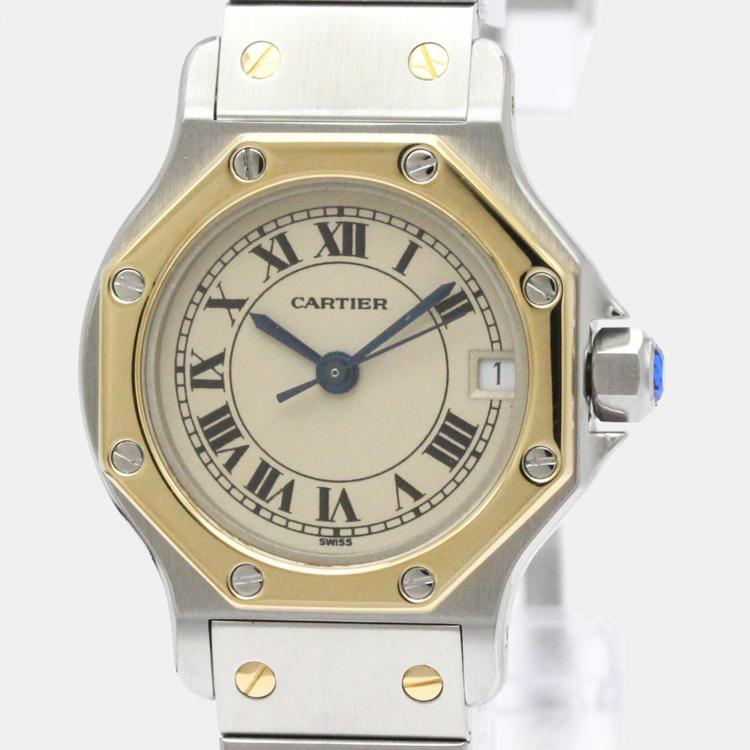 Pre Owned Cartier White 18k Yellow Gold And Stainless Steel Santos Octagon 187903 Quartz Women's Wristwatch 24 mm