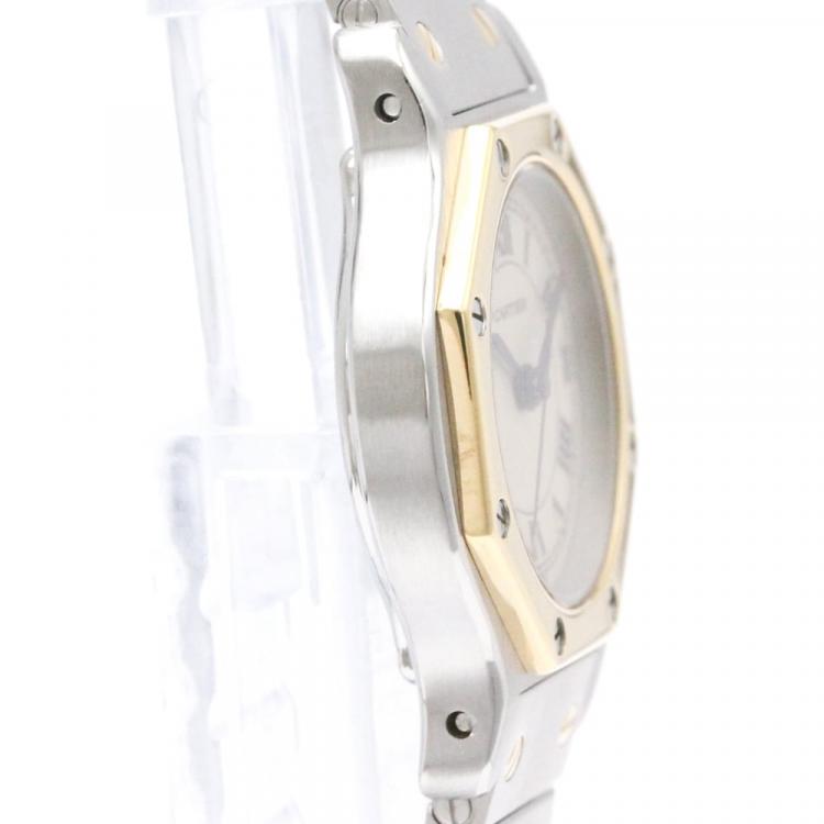 Pre Owned Cartier White 18k Yellow Gold And Stainless Steel Santos Octagon 187903 Quartz Women's Wristwatch 24 mm