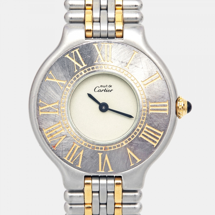 Pre Owned Cartier Cream 18k Yellow Gold Stainless Steel Must 21 9010 Women's Wristwatch 28 mm