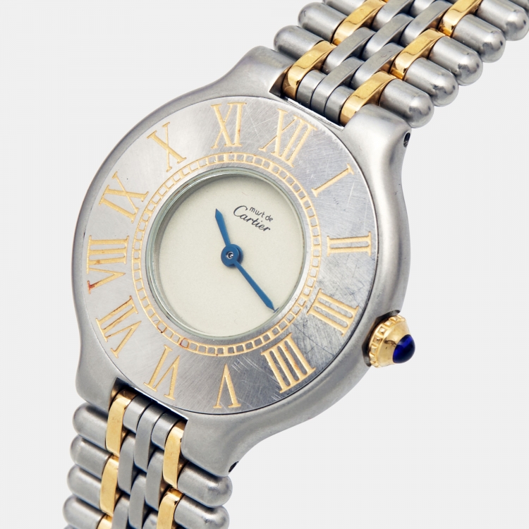 Pre Owned Cartier Cream 18k Yellow Gold Stainless Steel Must 21 9010 Women's Wristwatch 28 mm