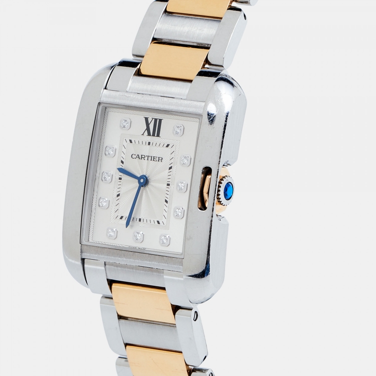 Pre Owned Cartier Silver 18K Rose Gold Stainless Steel Diamond Tank Anglaise WT100032 Women's Wristwatch 26 mm