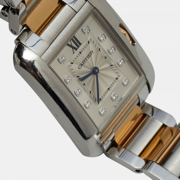 Pre Owned Cartier Silver 18K Rose Gold Stainless Steel Diamond Tank Anglaise WT100032 Women's Wristwatch 26 mm