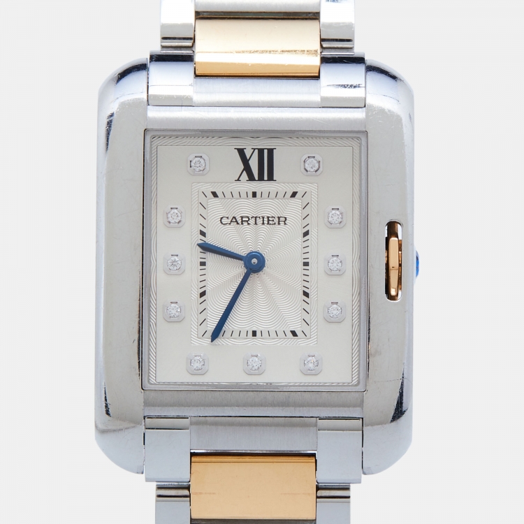 Pre Owned Cartier Silver 18K Rose Gold Stainless Steel Diamond Tank Anglaise WT100032 Women's Wristwatch 26 mm