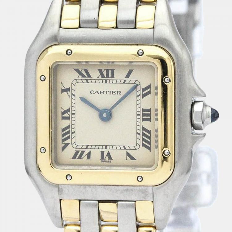 Pre Owned Cartier Silver 18K Yellow Gold And Stainless Steel Panthere Women's Wristwatch 22 mm