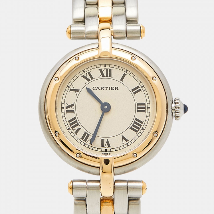 Pre Owned Cartier Cream 18K Yellow Gold And Stainless Steel Panthere W25030B5 Women's Wristwatch 23 mm