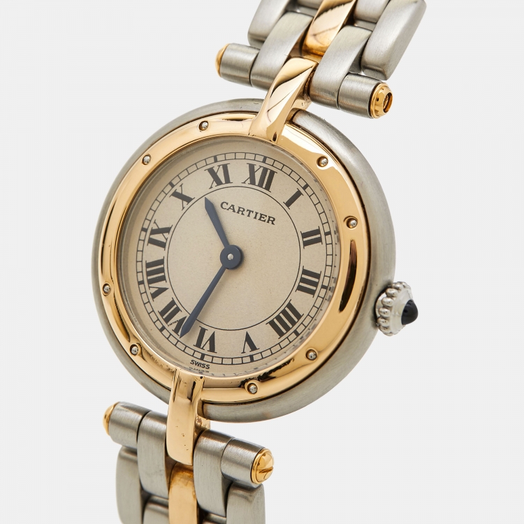 Pre Owned Cartier Cream 18K Yellow Gold And Stainless Steel Panthere W25030B5 Women's Wristwatch 23 mm