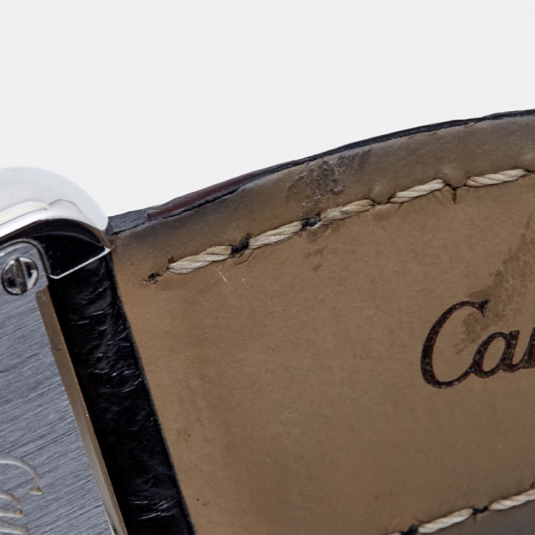 Pre Owned Cartier Silver Stainless Steel Alligator Leather Tank Solo 3170 Women's Wristwatch 24 mm