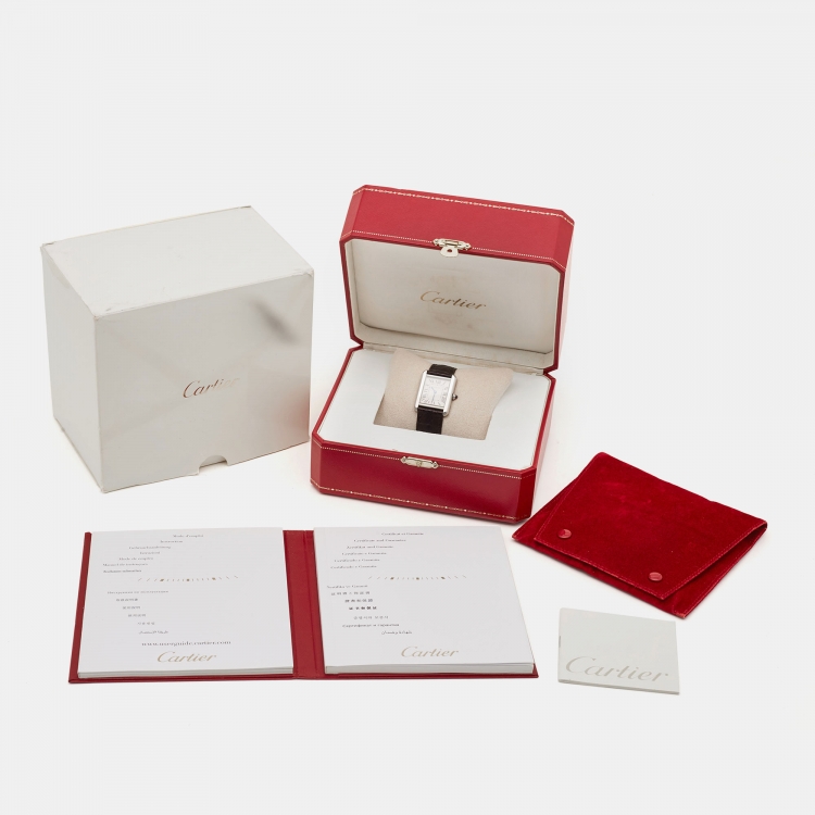 Pre Owned Cartier Silver Stainless Steel Alligator Leather Tank Solo 3170 Women's Wristwatch 24 mm