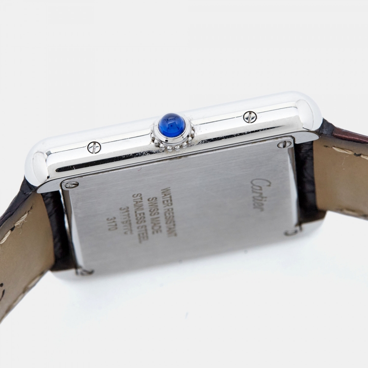 Pre Owned Cartier Silver Stainless Steel Alligator Leather Tank Solo 3170 Women's Wristwatch 24 mm