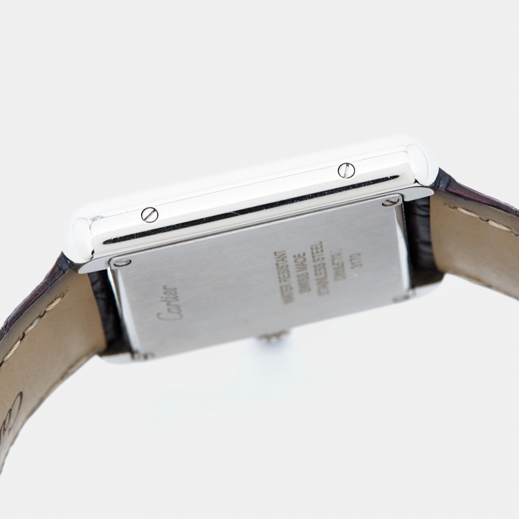 Pre Owned Cartier Silver Stainless Steel Alligator Leather Tank Solo 3170 Women's Wristwatch 24 mm
