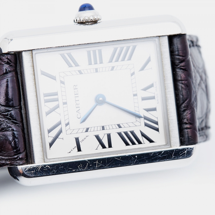Pre Owned Cartier Silver Stainless Steel Alligator Leather Tank Solo 3170 Women's Wristwatch 24 mm