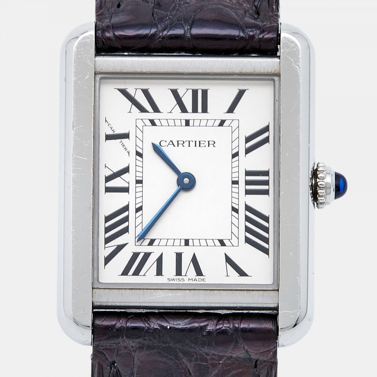 Pre Owned Cartier Silver Stainless Steel Alligator Leather Tank Solo 3170 Women's Wristwatch 24 mm
