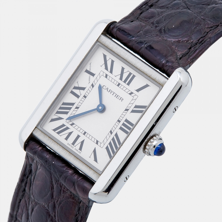 Pre Owned Cartier Silver Stainless Steel Alligator Leather Tank Solo 3170 Women's Wristwatch 24 mm