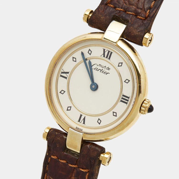 Pre Owned Cartier Cream Vermeil Alligator Must de Cartier Women's Wristwatch 24 mm