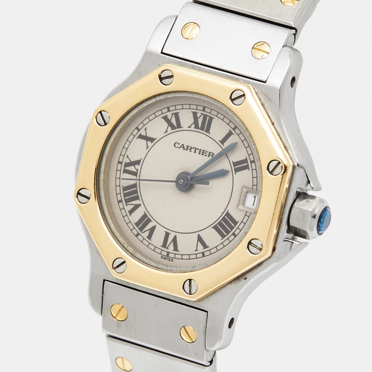 Pre Owned Cartier Cream 18k Yellow Gold Stainless Steel Santos de Cartier 187903 Women's Wristwatch 25 mm