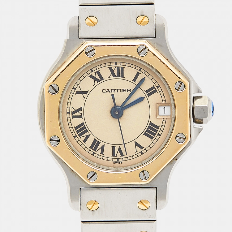 Pre Owned Cartier Cream 18k Yellow Gold Stainless Steel Santos de Cartier 187903 Women's Wristwatch 25 mm