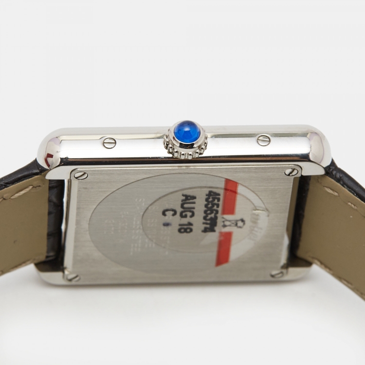 Pre Owned Cartier Silver Stainless Steel Alligator Leather Tank Solo 3170 Women's Wristwatch 24 mm