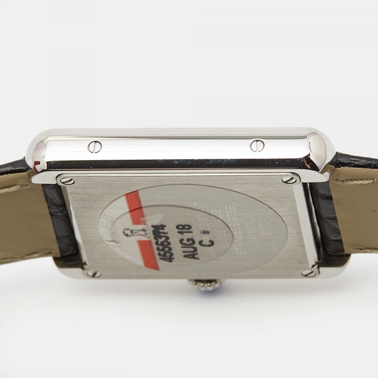 Pre Owned Cartier Silver Stainless Steel Alligator Leather Tank Solo 3170 Women's Wristwatch 24 mm