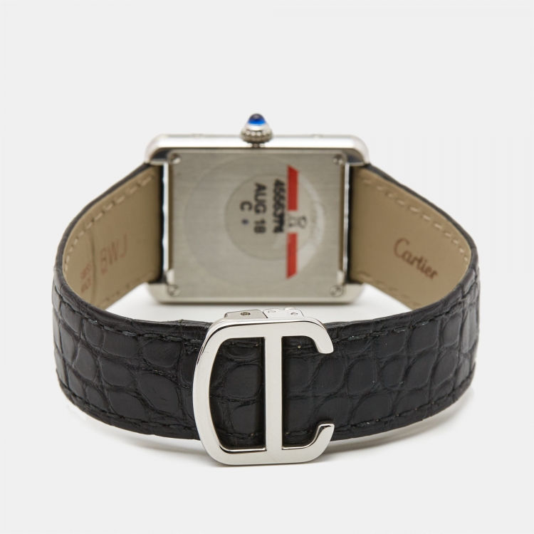 Pre Owned Cartier Silver Stainless Steel Alligator Leather Tank Solo 3170 Women's Wristwatch 24 mm