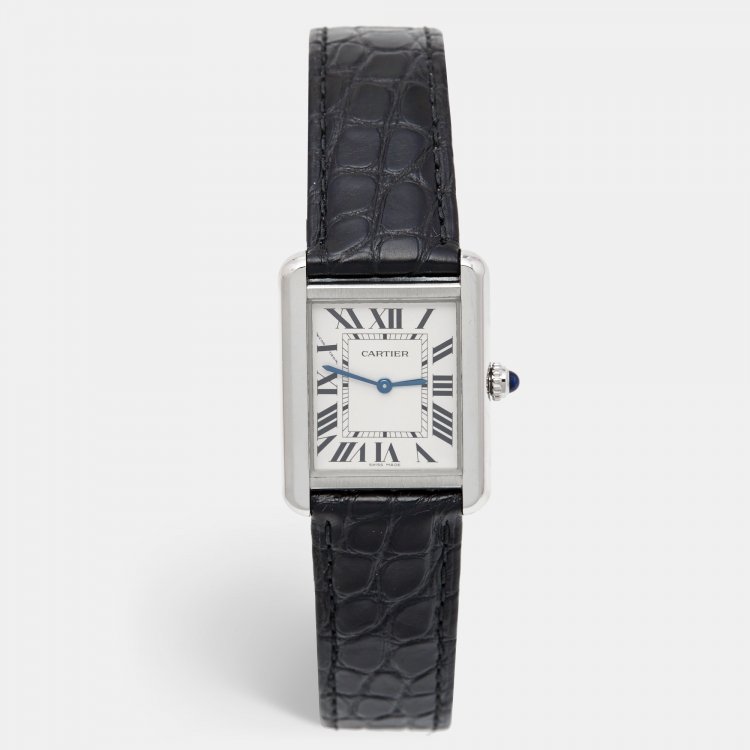 Pre Owned Cartier Silver Stainless Steel Alligator Leather Tank Solo 3170 Women's Wristwatch 24 mm