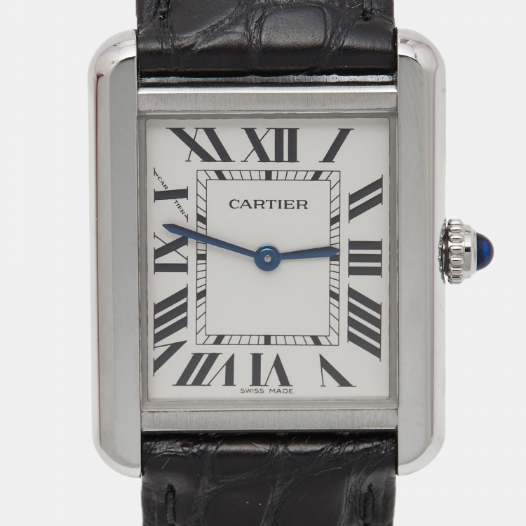Pre Owned Cartier Silver Stainless Steel Alligator Leather Tank Solo 3170 Women's Wristwatch 24 mm
