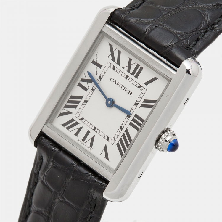 Pre Owned Cartier Silver Stainless Steel Alligator Leather Tank Solo 3170 Women's Wristwatch 24 mm