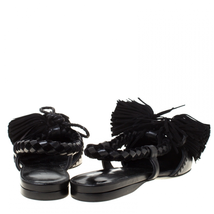 Pre Owned  Carven Black Leather Tassle Detail Pointed Toe Flat Mules Size 37