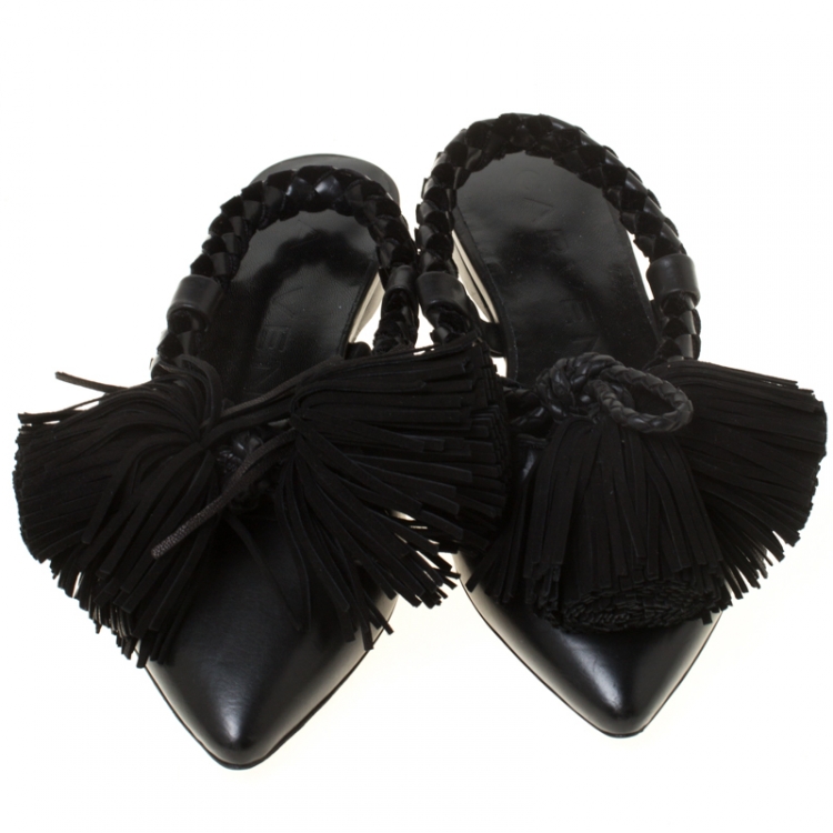 Pre Owned  Carven Black Leather Tassle Detail Pointed Toe Flat Mules Size 37