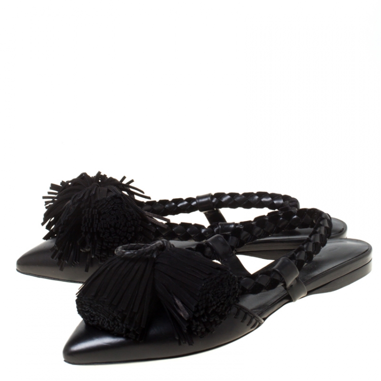 Pre Owned  Carven Black Leather Tassle Detail Pointed Toe Flat Mules Size 37