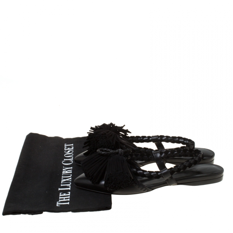 Pre Owned  Carven Black Leather Tassle Detail Pointed Toe Flat Mules Size 37