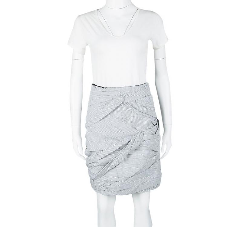 Pre Owned Carven Grey and White Striped Cotton Ruched Skirt L