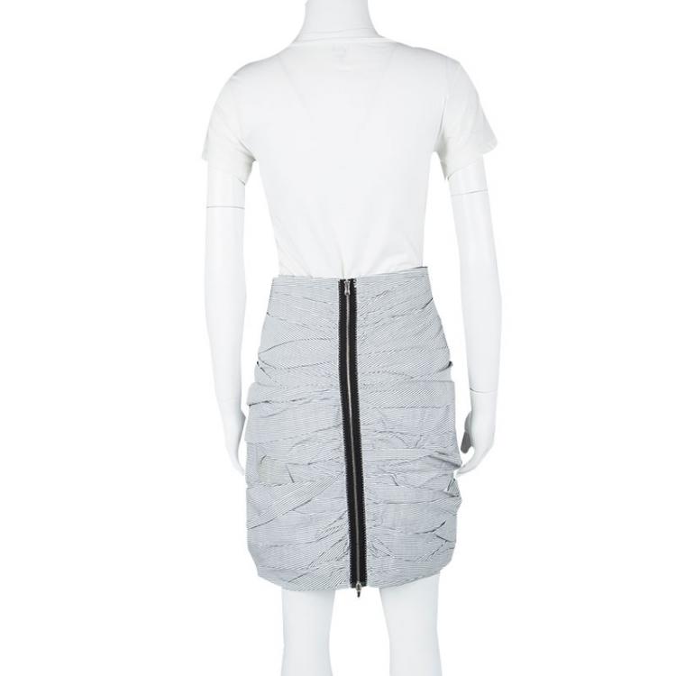 Pre Owned Carven Grey and White Striped Cotton Ruched Skirt L