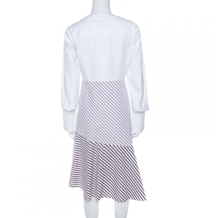 Pre Owned Carven White Multi Striped Cotton Paneled Asymmetric Hem Midi Dress L