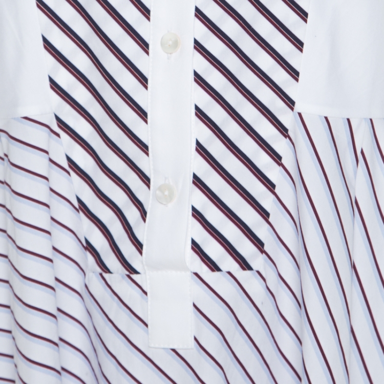 Pre Owned Carven White Multi Striped Cotton Paneled Asymmetric Hem Midi Dress L