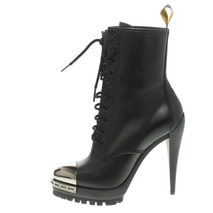 Pre Owned Casadei Black Leather Metal Cap Toe Lace Up  Boots Size 37.5